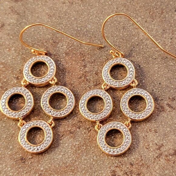 NEW Gold Over Sterling Two Tone Connected Four Circle Dangle Earrings - Picture 2 of 6